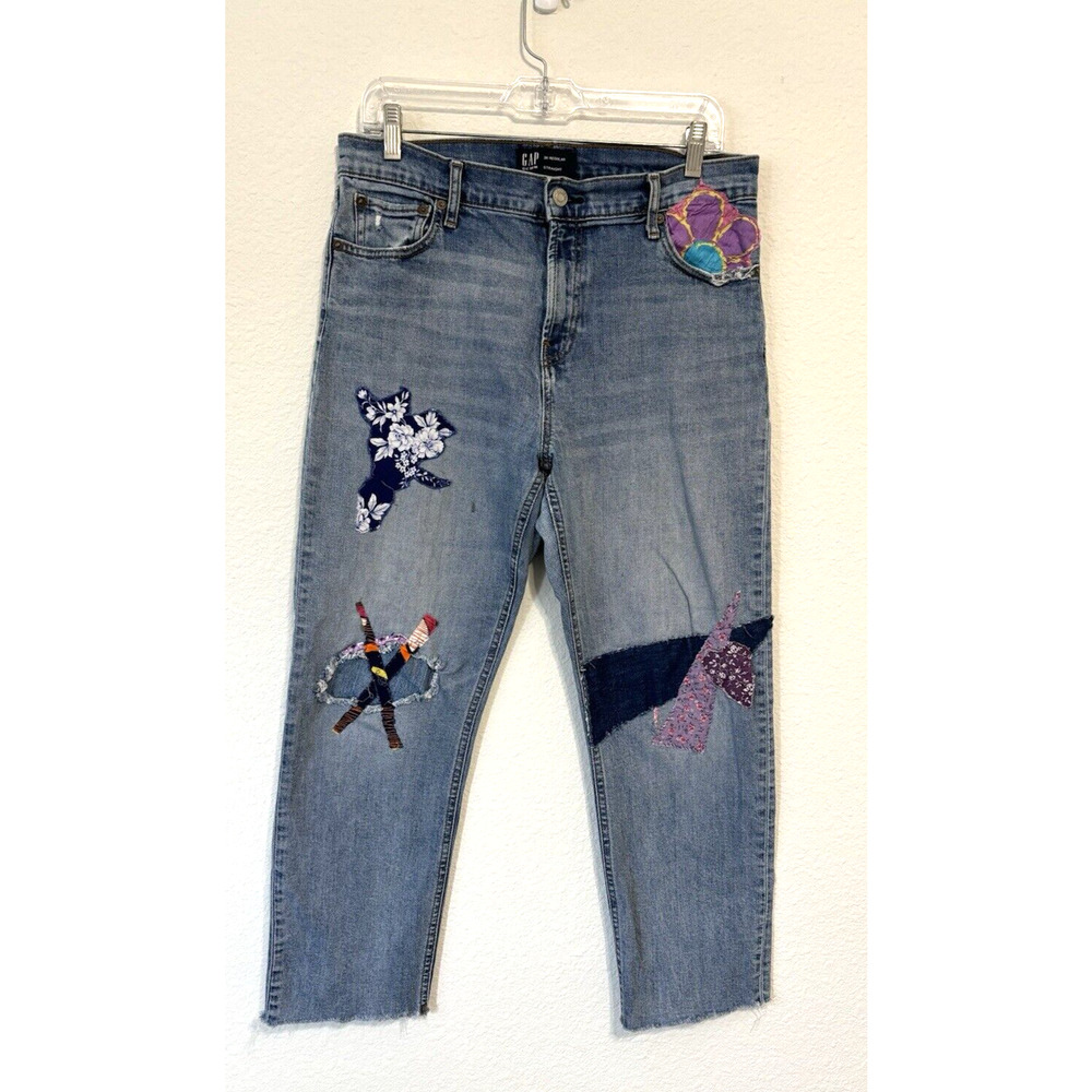 Gap Jeans Women's 30 Regular Cropped Boyfriend Jeans Raw Edge Patched Distressed